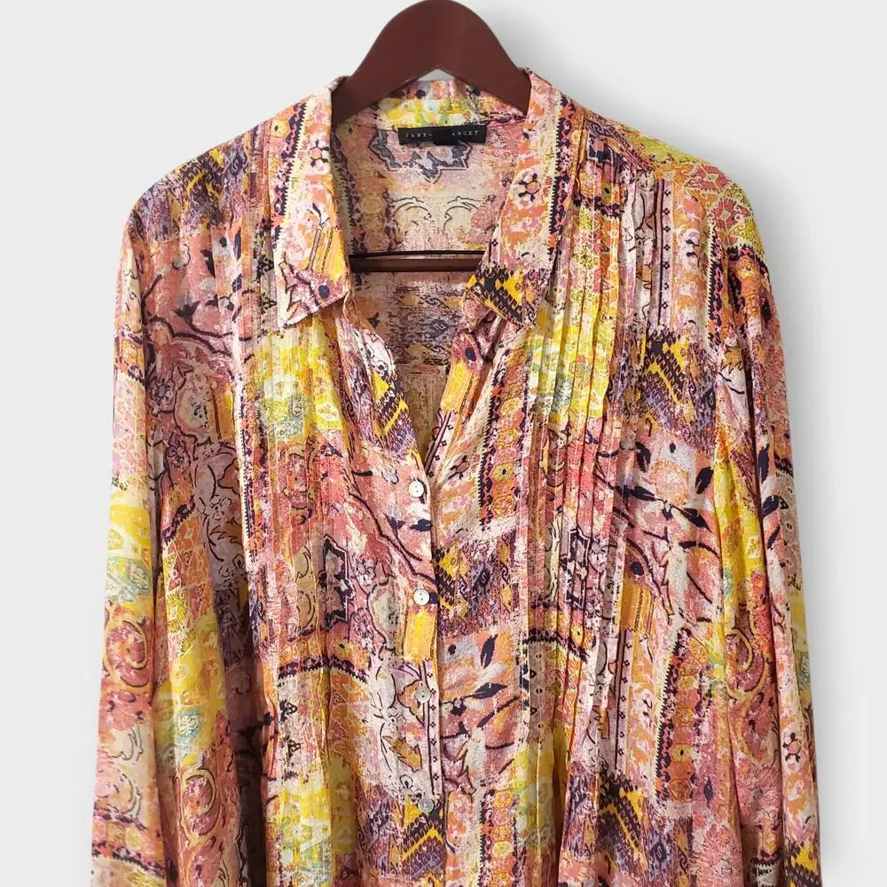 Jane + Delancey‎ 3X Pink Abstract Pleated Button Up Shirt Artsy Lagen Colorful